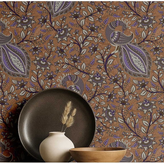 S4Sassy Paisley Peacock Floral Wallpaper - Brown Wall Covering, 25" X 240" Self-Adhesive Plain Vinyl Wallpaper, Wallwrap, Easy Diy Wall Covering For Farmhouse Bedroom, Living Room, Cabinets