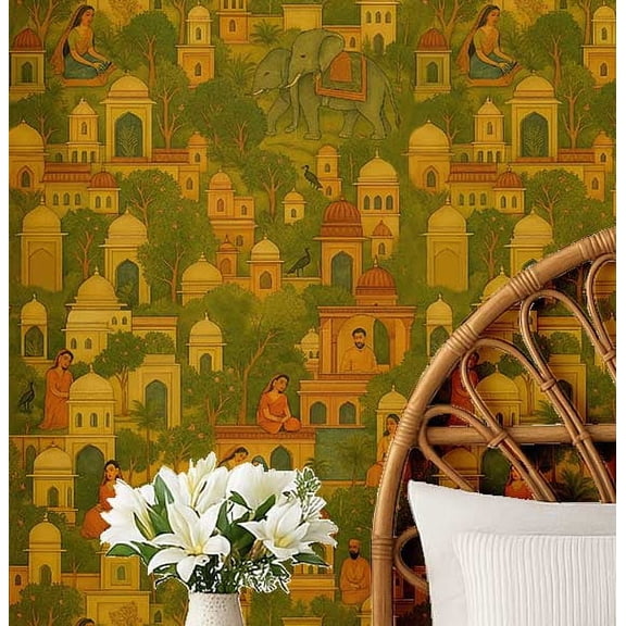 S4Sassy Palace Scene Wallpaper - Asian Style Wall Covering, 25" X 240" Self-Adhesive Textured Vinyl Walls Paper, Decorative Wallwrap, Easy Diy Walls Covering For Bedroom, Living Room - Yellow