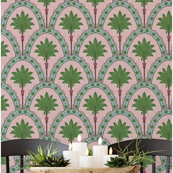 S4Sassy Palm Tree Arch Print Wallpaper - Pink Wall Covering, 25" x 60" Self-Adhesive Vinyl Wallpaper, Decorative Walls Wrap, Easy DIY Wall Covering For Bedroom, Living Room, Living Space