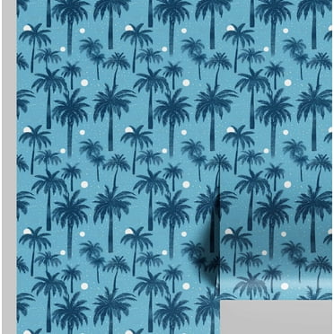 S4Sassy Palm Tree Paradise Wallpaper Blue Tropical Wall Covering, 25" x 120" Self-Adhesive Vinyl Wallpaper, Decorative Wall Wrap, Easy DIY Decor For Bedroom, Living Room, Living Spaces