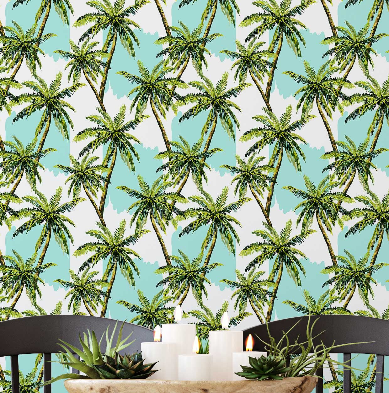 S4Sassy Palm Tree Pattern Wallpaper - Green Wall Covering, 25" x 60