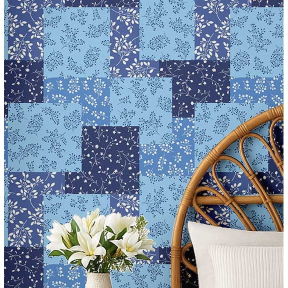 S4Sassy Patch Leaf Print Wallpaper - Asian Style Wall Covering, 25" X 60" Self-Adhesive Vinyl Walls Paper, Decorative Wallwrap, Easy Diy Walls Covering For Bedroom, Living Room, Living Spaces - Blue