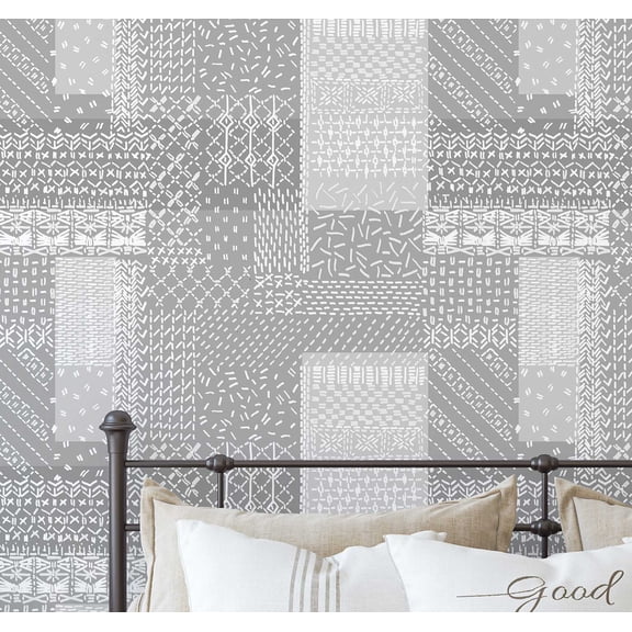 S4Sassy Patchwork Stitch Print Wallpaper - Asian Style Wall Covering, 25" x 240" Self-Adhesive Textured Vinyl Wallpaper, Decorative Wall Wrap, Easy DIY Wall Covering For Bedrooms - Grey