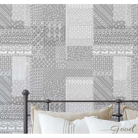S4Sassy Patchwork Stitch Print Wallpaper - Asian Style Wall Covering, 25" x 60" Self-Adhesive Vinyl Wallpaper, Decorative Walls Wrap, Easy DIY Wall Covering For Bedroom, Living Spaces - Grey