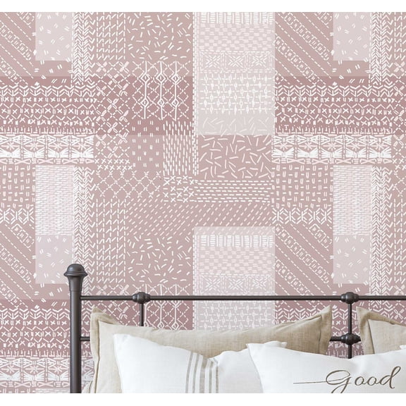 S4Sassy Patchwork Stitch Print Wallpaper - Asian Style Wall Covering, 25" x 60" Self-Adhesive Vinyl Wallpaper, Decorative Walls Wrap, Easy DIY Wall Covering For Bedroom, Living Spaces - Pink