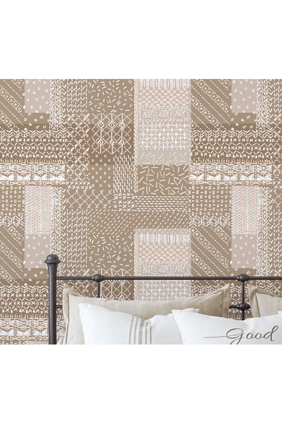 Patchwork Stitch Print Wallpaper- Asian Style Wall Covering, 25" x 60" Self-Adhesive Vinyl Wallpaper, Decorative Walls Wrap, Easy DIY Wall Covering For Bedroom, Living Spaces- Beige