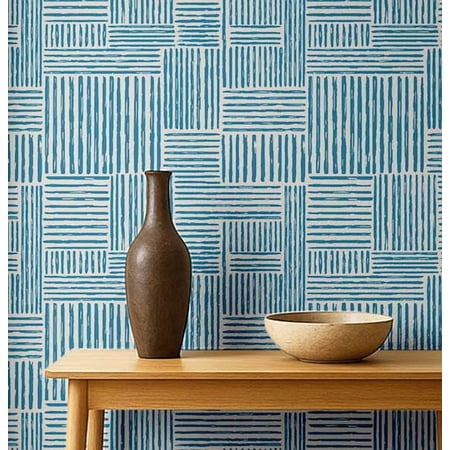S4Sassy Peel & Stick Textured Vinyl Wallpaper, Urban Chic Stripe Patch Print Contact Paper Waterproof - Blue, 25"x120", Removable Modern Wall Covering for Home Decor in Bedrooms & Living Areas