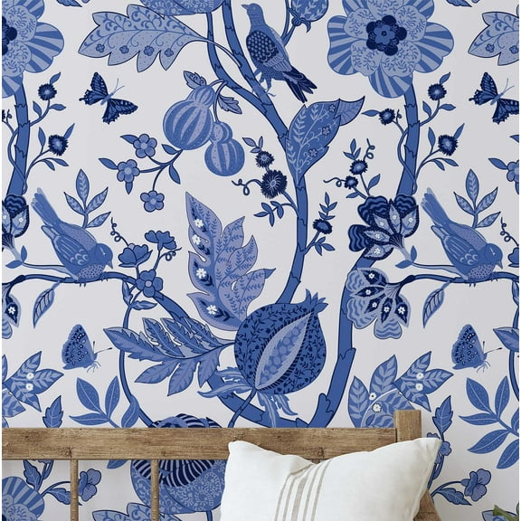 S4Sassy Peel & Stick Vinyl Wallpaper, Bird Garden Wallpaper Contact Paper Waterproof - Blue 25"x120", Textured Removable Wall Covering for Home Decor in Living Areas, Renter Spaces, Cabinets