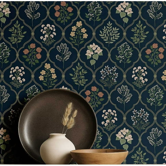 S4Sassy Peel & Stick Vinyl Wallpaper, Botanical Trellis Wall Paper Contact Paper Waterproof - Blue, 25"X 60", Removable Asian Style Covering For Home Decor In Bedrooms & Living Areas, Cabinets