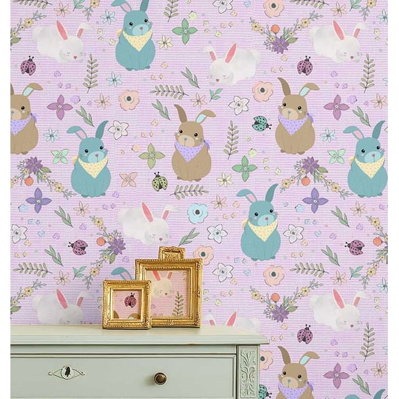 S4Sassy Peel & Stick Vinyl Wallpaper, Bunny Garden Print Wallpaper Contact Paper Waterproof - Purple, 25"x60" ,Removable Walls Covering for Kids room wall decor, Baby Room, Playroom