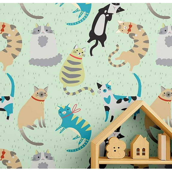 S4Sassy Peel & Stick Vinyl Wallpaper, Cat Print Wallpaper Contact Paper Waterproof - Green, 25"X 60", Removable Walls Covering For Kids Room Wall Decor, Baby Room, Playroom