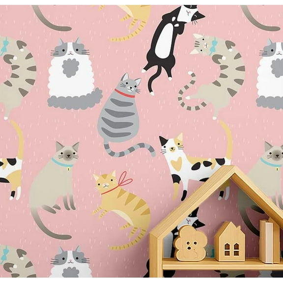 S4Sassy Peel & Stick Vinyl Wallpaper, Cat Print Wallpaper Contact Paper Waterproof - Pink, 25"X 120", Removable Walls Covering For Kids Room Wall Decor, Baby Room, Playroom