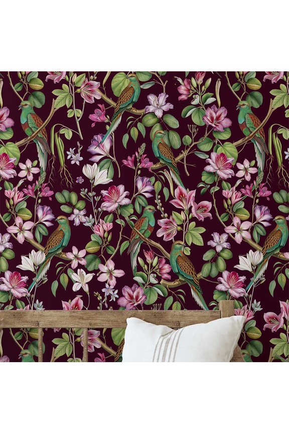 Peel & Stick Vinyl Wallpaper, Chic Exotic Bird Wallpaper Contact Paper Waterproof- Burgundy, 25"x60",Removable Wall Covering for Home Decor in Bedrooms, Renter Space, Cabinet