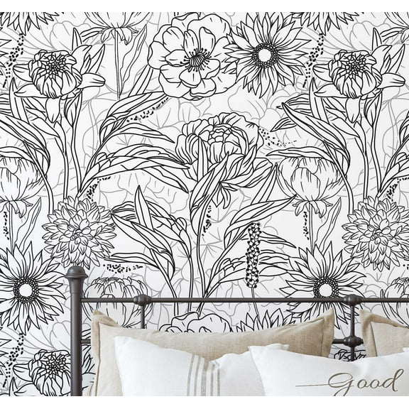 S4Sassy Peel & Stick Vinyl Wallpaper, Chic Large Floral Outline Print Wallpaper Contact Paper Waterproof - Black, 25"x60", Finish, Wall Covering for Home Decor in Bedrooms, Spaces, Cabinets