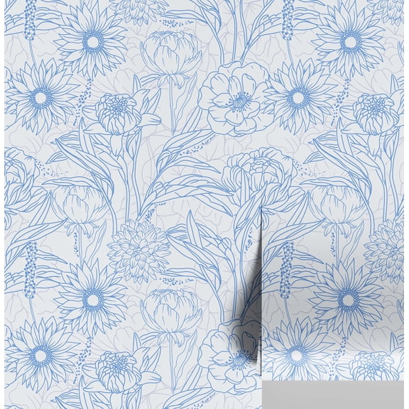 S4Sassy Peel & Stick Vinyl Wallpaper, Chic Large Floral Outline Print Wallpaper Contact Paper Waterproof - Blue, 25"x60", Finish, Wall Covering for Home Decor in Bedrooms, Spaces, Cabinets