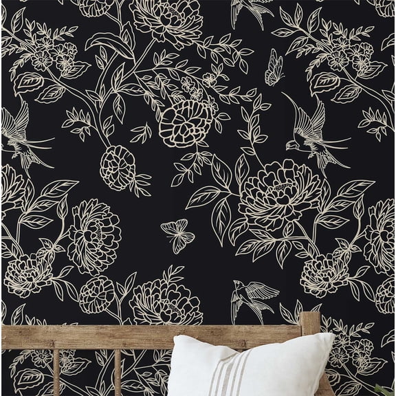 S4Sassy Peel & Stick Vinyl Wallpaper, Chic Outline Floral Wallpaper Contact Paper Waterproof - Black, 25"x120", Removable Wall Covering for Home Decor in Bedrooms, Renter Spaces, Cabinets