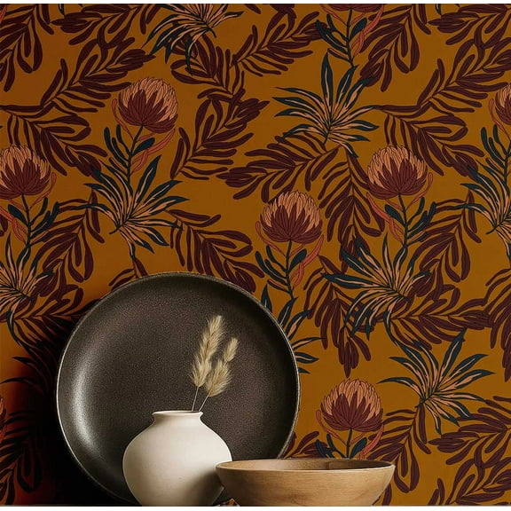 S4Sassy Peel & Stick Vinyl Wallpaper, Chic Protea Floral Wallpaper Contact Paper Waterproof - Mustard, 25"x360", Removable Wall Covering for Home Decor in Bedrooms, Renter Spaces, Cabinets