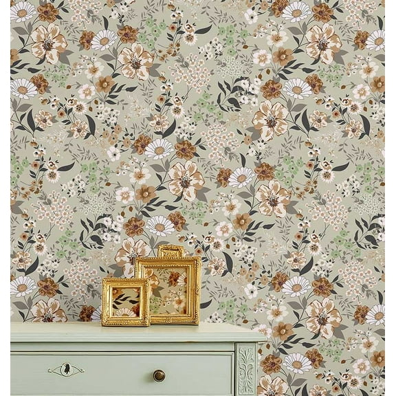 S4Sassy Peel & Stick Vinyl Wallpaper, Chic Vintage Floral Print Wallpaper Contact Paper Waterproof - Beige, 25"x60", Finish, Wall Covering for Home Decor in Bedrooms, Renter Spaces, Cabinets