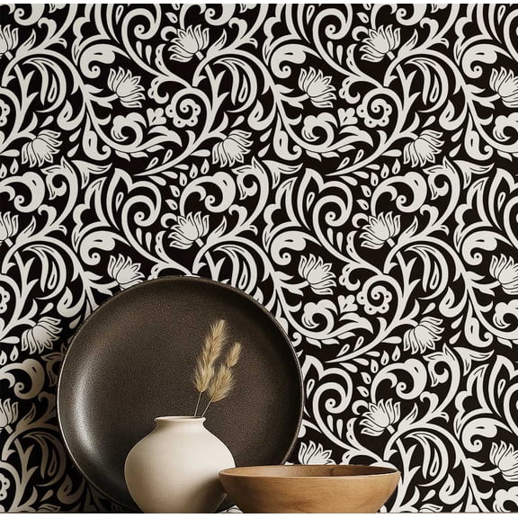 S4Sassy Peel & Stick Vinyl Wallpaper, Classic Motif Floral Wallpaper Contact Paper Waterproof - Black, 25"X 120", Removable Wall Covering For Home Decor In Bedrooms, Renter Spaces, Cabinets