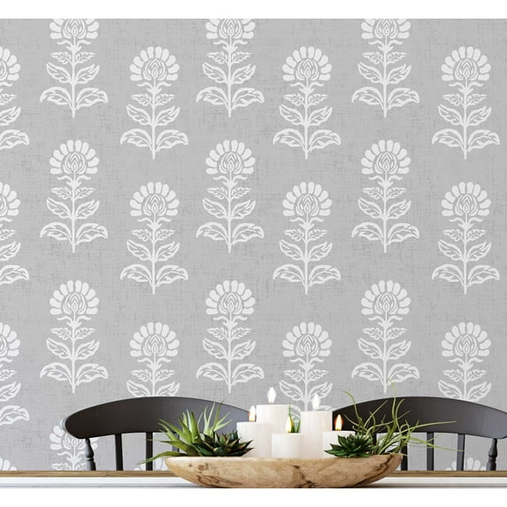 S4Sassy Peel & Stick Vinyl Wallpaper, Ethnic Bloom Print Wall Paper Contact Paper Waterproof - Gray, 25"x60", Removable Asian Style Textured Covering for in Bedrooms & Living, Renter Spaces, Cabinets
