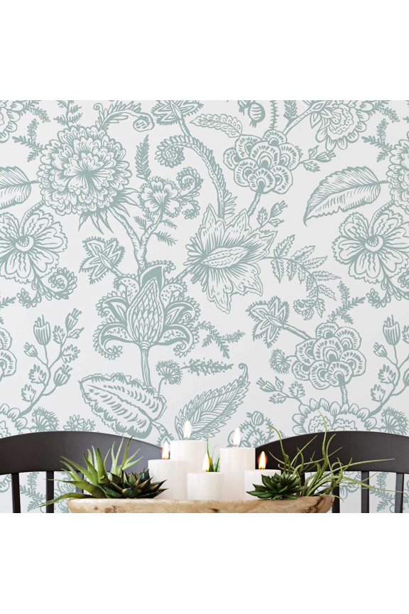 Peel & Stick Vinyl Wallpaper, Floral Sketch Wall Paper Contact Paper Waterproof- Green,25"x60", Removable Asian Style Covering for Home Decor in Bedrooms & Living, Renter Spaces, Cabinets