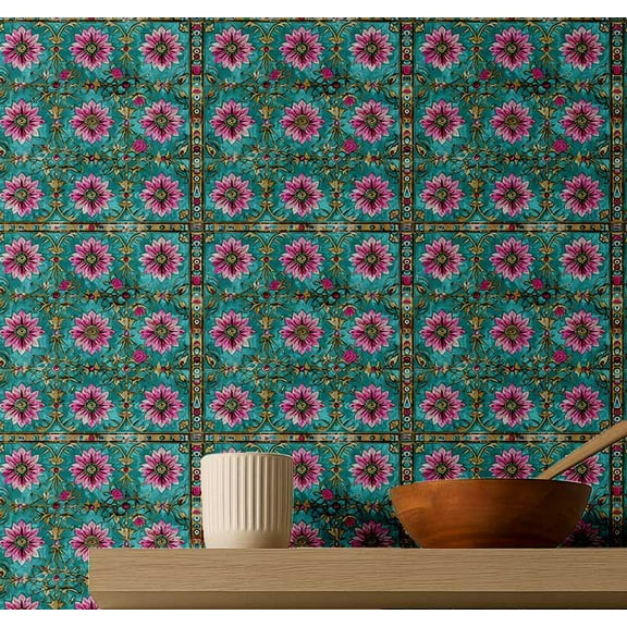 S4Sassy Peel & Stick Vinyl Wallpaper, Floral Tile Wallpaper Contact Paper Waterproof - Green, 25"x120" ,Removable Wall Covering for Bedroom, Living Room, Entryways