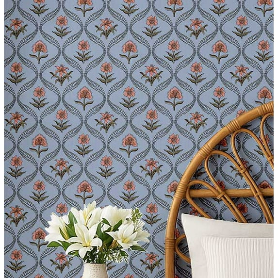 S4Sassy Peel & Stick Vinyl Wallpaper, Floral Vine Wall Paper Contact Paper Waterproof- Blue, 25"X 120", Removable Asian Style Covering For Home Decor In Bedrooms & Living Areas, Renter Space