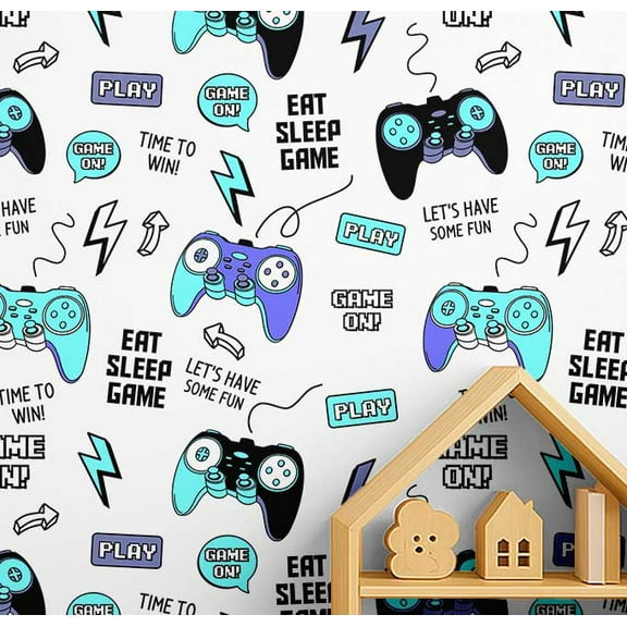 S4Sassy Peel & Stick Vinyl Wallpaper, Gaming Print Wallpaper Contact Paper Waterproof - Blue, 25"X 60", Removable Walls Covering For Kids Room Wall Decor, Baby Room, Playroom