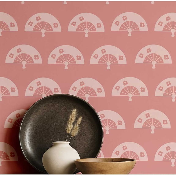 S4Sassy Peel & Stick Vinyl Wallpaper, Japanese Fan Print Wall Paper Contact Paper Waterproof- Peach, 25"X240", Textured Finish, Removable Asian Style Covering For Home Decor In Bedrooms