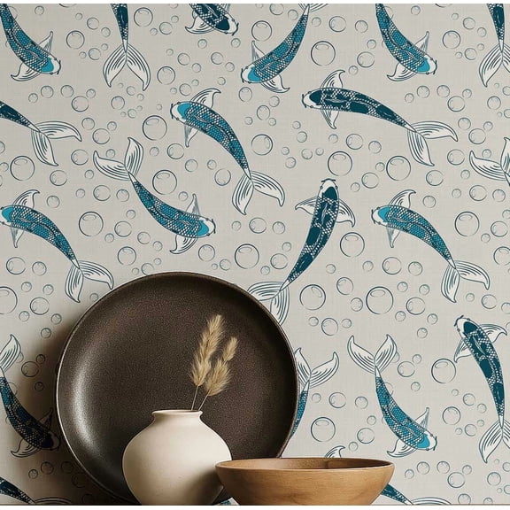 S4Sassy Peel & Stick Vinyl Wallpaper, Koi Fish Wall Paper Contact Paper Waterproof - Blue, 25"x60", Removable Asian Style Covering for Home Decor in Bedrooms & Living Areas, Renter Spaces, Cabinets