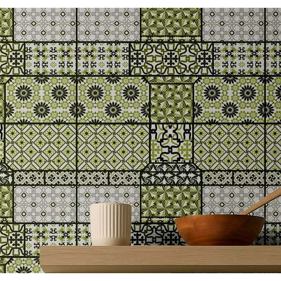 S4Sassy Peel & Stick Vinyl Wallpaper, Tile Squares Wallpaper Contact Paper Waterproof - Green, 25"x360" ,Removable Wall Covering for Bedroom, Living Room, Entryways