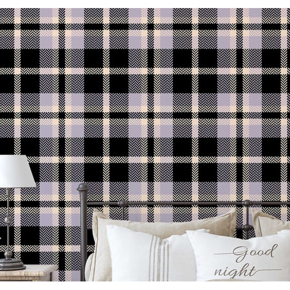 S4Sassy Peel & Stick Vinyl Wallpaper, Urban Chic Colorful Plaid Print Contact Paper Waterproof- Black, 25"X 60", Removable Modern Wall Covering For Home Decor In Bedrooms & Living Areass
