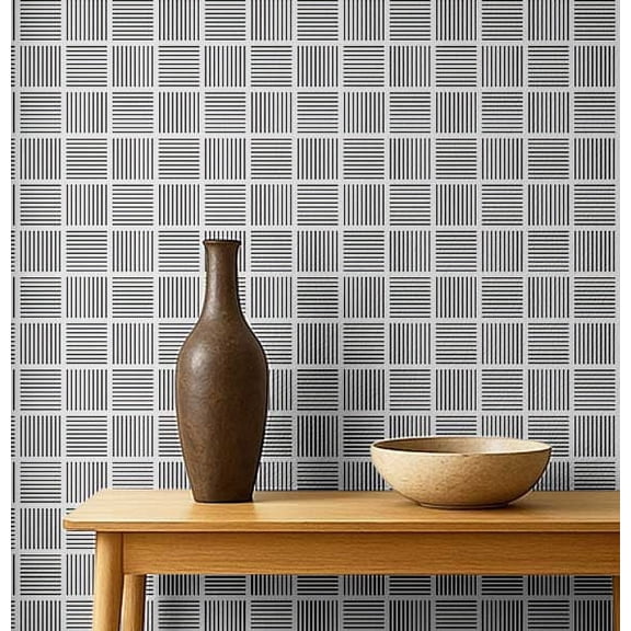 S4Sassy Peel & Stick Vinyl Wallpaper, Urban Chic Striped Square Print Contact Paper Waterproof - Black, 25"x120", Removable Modern Wall Covering for Home Decor in Bedrooms & Living Areas