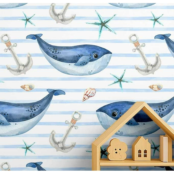 S4Sassy Peel & Stick Vinyl Wallpaper, Whale Nautical Print Wallpaper Contact Paper Waterproof - Blue, 25"X 120", Removable Walls Covering For Kids Room Wall Decor, Baby Room