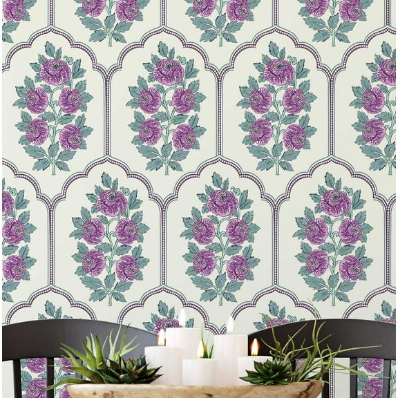 S4Sassy Peel And Stick Wall Covering, Arch Floral Print Removable Wall Wrap - Purple Mural For Vintage Farmhouse Decor, Bathroom, Laundry Room - Self-Adhesive Removable Wallpaper Vinyl (25"X 60")