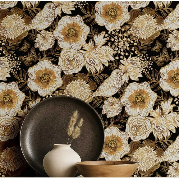 S4Sassy Peel And Stick Wall Covering, Birds & Blooms Removable Wallwrap - Black Instant Wall Makeover Mural For Bathroom, Laundry Room, Closet Interior - Self-Adhesive Wallpaper Vinyl -25"X 60"