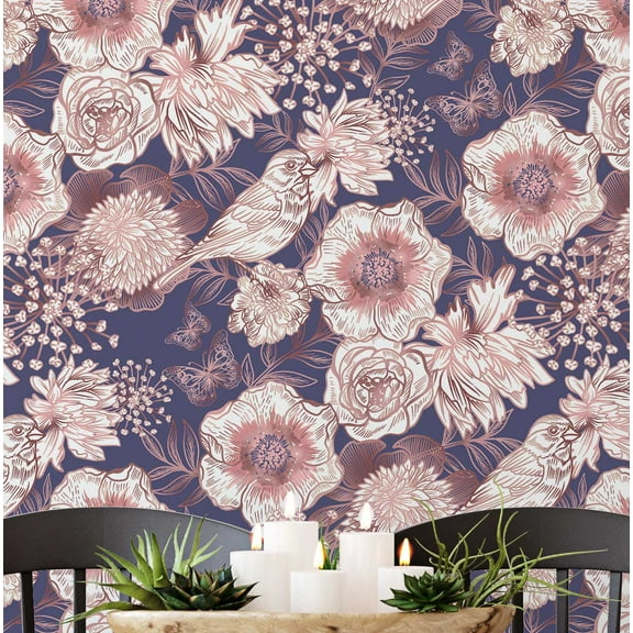 S4Sassy Peel And Stick Wall Covering, Birds & Blooms Removable Wallwrap - Blue Instant Wall Makeover Mural For Bathroom, Laundry Room, Closet Interior - Self-Adhesive Wallpaper Vinyl -25"X 60"