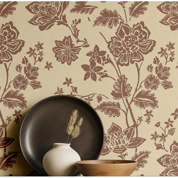 S4Sassy Peel and Stick Wall Covering, Botanical Flower Print Removable Walls Wrap -Brown Instant Makeover Wall Mural for Bathroom, Laundry Room - Self-Adhesive Wallpaper Vinyl -25"x240" inch