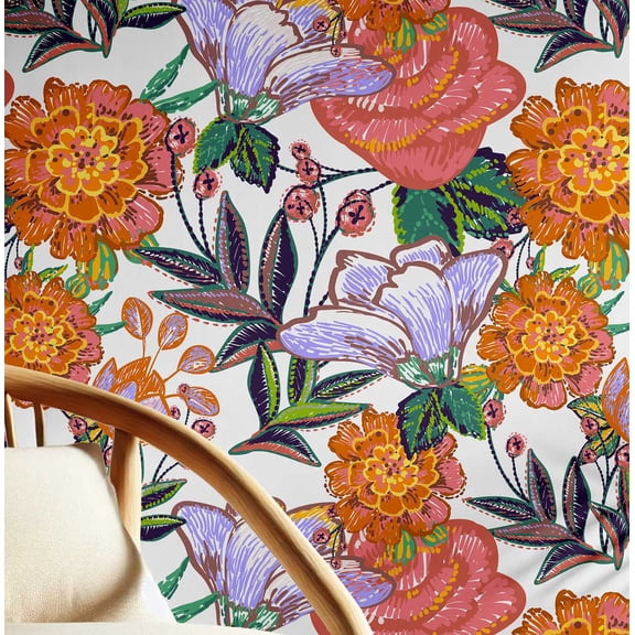 S4Sassy Peel and Stick Wall Covering, Chic Folk Floral Print Removable Textured Wall Wrap- Orange Instant Wall Makeover Walls Mural for Bathroom, Laundry Room- Self-Adhesive Wallpaper Vinyl- 25"x120"