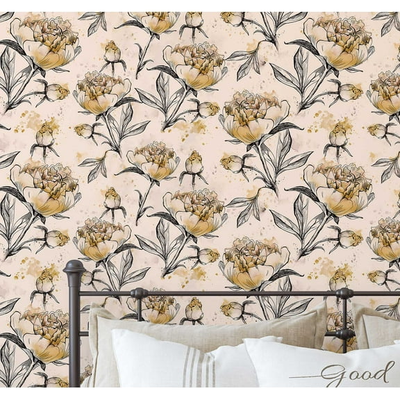 S4Sassy Peel and Stick Wall Covering, Chic Peony Floral Sketch Print Removable Walls Wrap- Beige Instant Wall Makeover Walls Mural for Bathroom, Laundry Room- Self-Adhesive Wallpaper Vinyl- 25"x240"