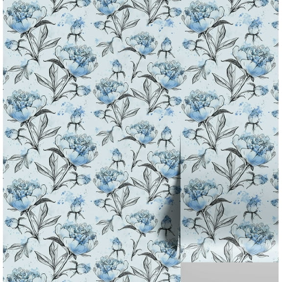 S4Sassy Peel and Stick Wall Covering, Chic Peony Floral Sketch Print Textured Walls Wrap - Blue Instant Wall Makeover Walls Mural for Bathroom, Laundry Room - Self-Adhesive Wallpaper Vinyl - 25"x240"