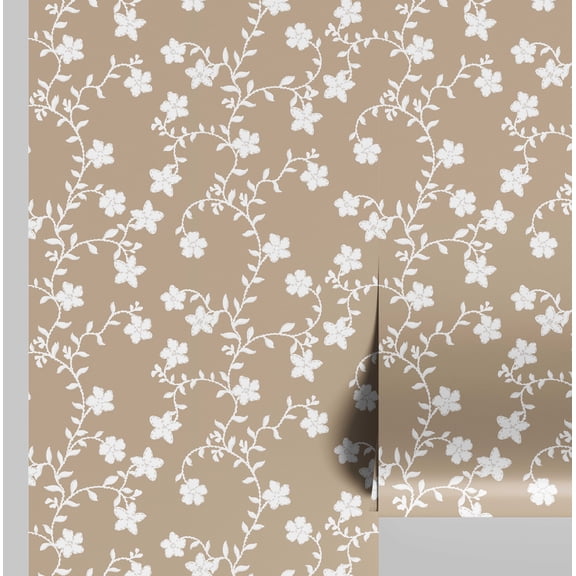 S4Sassy Peel and Stick Wall Covering, Dainty Blossom Vine Removable Walls Wrap - Tan Instant Wall Makeover Mural for Bathroom, Laundry Room, Closet Interior - Self-Adhesive Wallpaper Vinyl - 25"x360"
