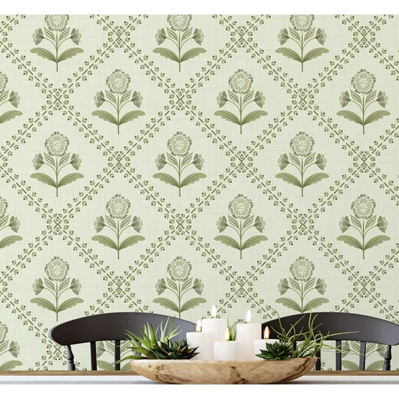 S4Sassy Peel and Stick Wall Covering, Diagonal Floral Buti Removable Wall Wrap- Asian Style Mural, Instant for Bathroom, Laundry Room, Closet Interior- Self-Adhesive Wallpaper Vinyl- Green, 25"x120"