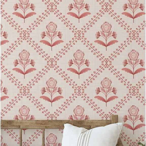 S4Sassy Peel and Stick Wall Covering, Diagonal Floral Buti Removable Wall Wrap- Asian Style Textured Mural, Instant for Bathroom, Laundry Room, Closet- Self-Adhesive Wallpaper Vinyl- Orange, 25"x60"