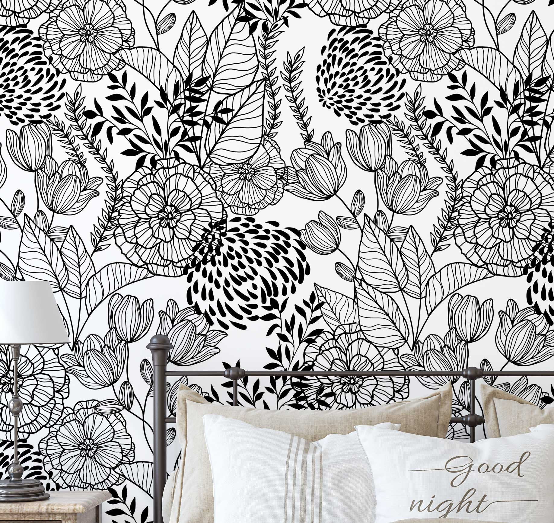 S4Sassy Peel and Stick Wall Covering, Floral Garden Wallpaper Removable Wallwrap - Black Textured Instant Wall Mural for Bedroom, Bathroom, Laundry Room, Closet Interior (25"x360" inch)