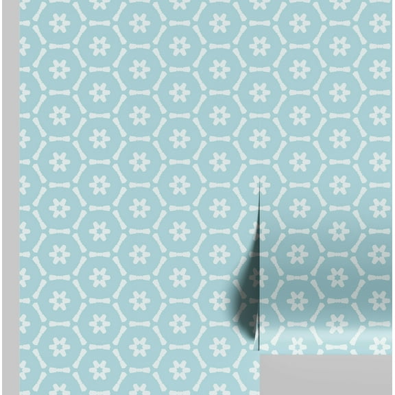 S4Sassy Peel and Stick Wall Covering, Floral Hexagon Print Removable Vinyl Wallwrap - Modern Wall Mural, Blue Instant Walls Makeover Wallpaper for Bedroom, Bathroom, Laundry Room - 25"x60" inch