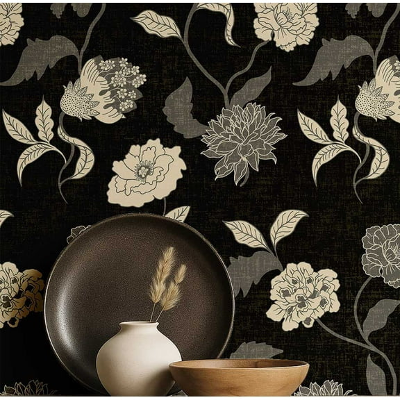 S4Sassy Peel And Stick Wall Covering, Floral Removable Wallwrap - Black Instant Wall Makeover Mural For Bathroom, Laundry Room, Closet Interior - Self-Adhesive Wallpaper Vinyl -25"X 60"