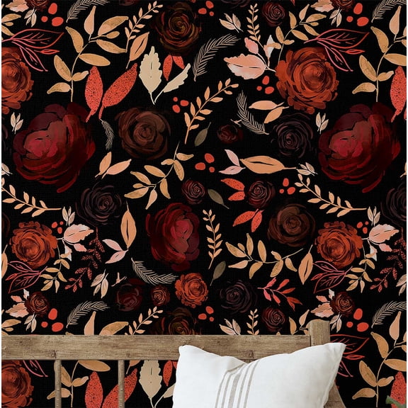 S4Sassy Peel And Stick Wall Covering, Floral Removable Wallwrap - Maroon Instant Wall Makeover Mural For Bathroom, Laundry Room, Closet Interior - Self-Adhesive Wallpaper Vinyl -25"X60"