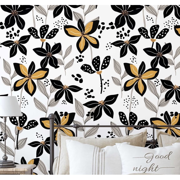 S4Sassy Peel and Stick Wall Covering, Golden Petals Wallpaper Removable Wallwrap - Black Instant Wall Mural for Bedroom, Bathroom, Laundry Room, Closet Interior (25"x60" inch)