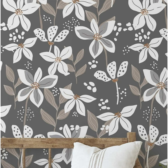S4Sassy Peel and Stick Wall Covering, Golden Petals Wallpaper Removable Wallwrap - Gray Textured Instant Wall Mural for Bedroom, Bathroom, Laundry Room, Closet Interior (25"x240" inch)